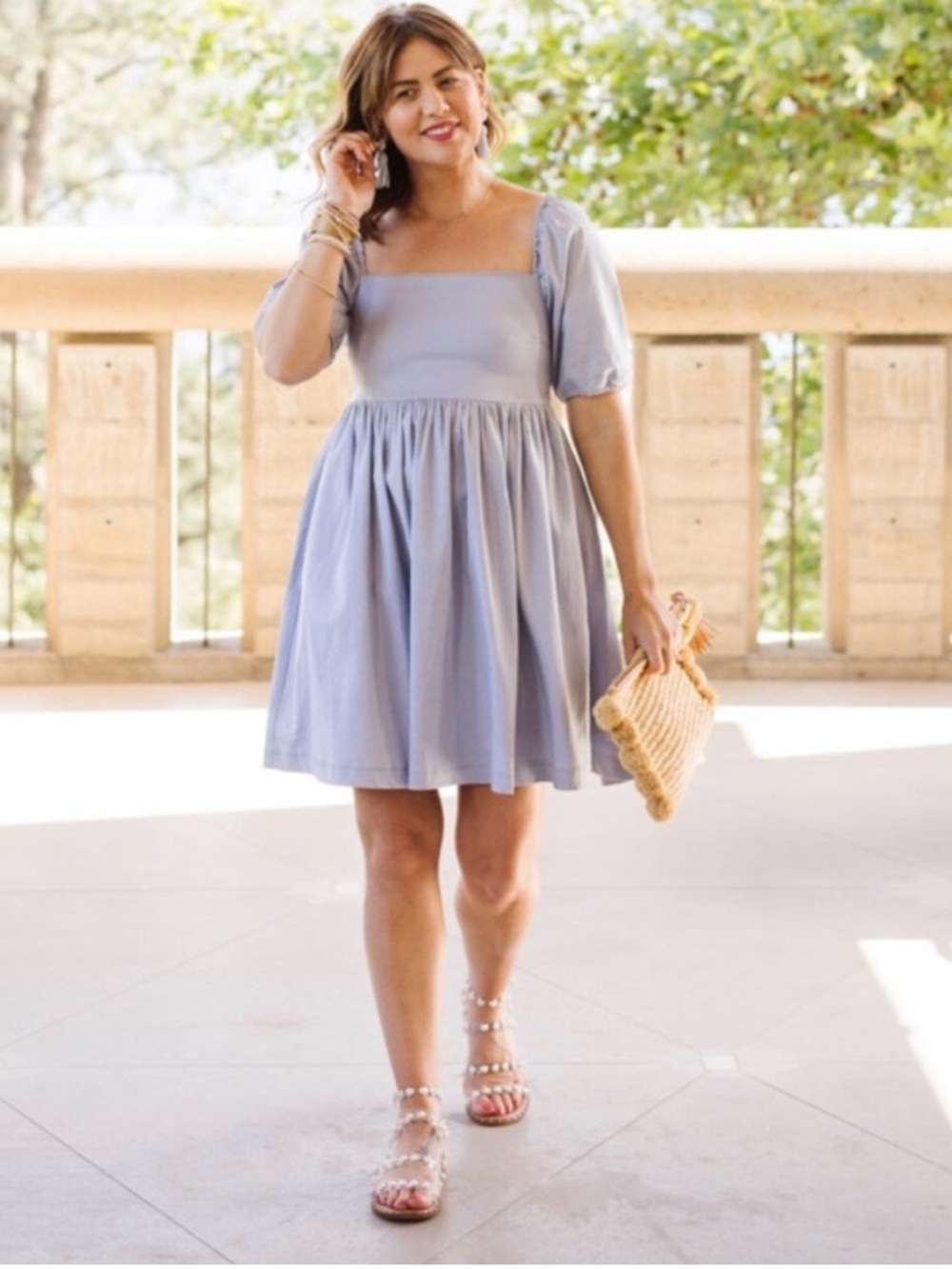 Smash + Tess Baby Blue Square-Neck Puff Sleeve Mini Dress